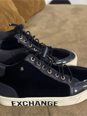 Armani Exchange A|X Men’s Navy Blue Velvet Patent High Top Sneakers Gold Tone